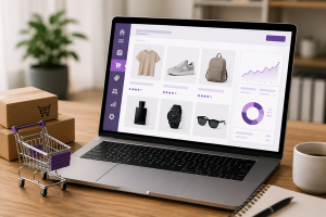 Laptop met webshop dashboard op bureau naast verzenddozen en winkelwagentje, symbool voor WooCommerce en e-commerce beheer