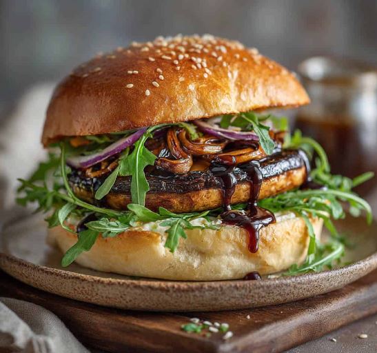 portobello burger met balsamico glace en gekarameliseerde ui