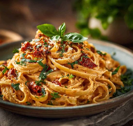 Romige zongedroogde tomaten pasta met tofu saus