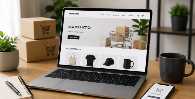 Moderne werkplek met e-commerce thema Moderne werkplek met e-commerce thema