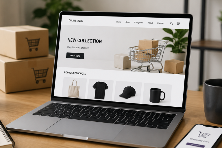 Moderne werkplek met e-commerce thema Moderne werkplek met e-commerce thema