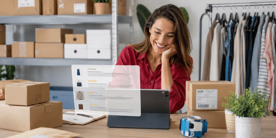 vrouw kijkt naar online reviews van aankopen