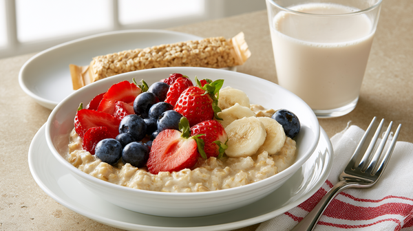 Eiwitrijk ontbijt met protein oats, een proteïnereep en een eiwitshake