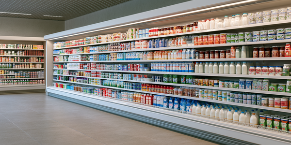 Gekoeld zuivelschap in de supermarkt met yoghurt, kwark, kefir en karnemelk Gekoeld zuivelschap in de supermarkt met yoghurt, kwark, kefir en karnemelk