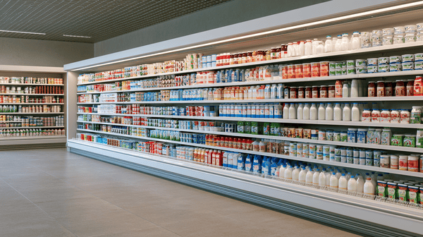 Gekoeld zuivelschap in de supermarkt met yoghurt, kwark, kefir en karnemelk Gekoeld zuivelschap in de supermarkt met yoghurt, kwark, kefir en karnemelk