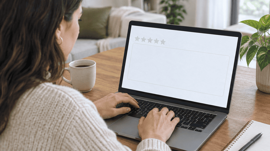 Een vrouw achter een laptop die een review gaat schrijven