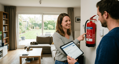 Lachende vrouw wijst in een woonkamer naar een brandblusser aan de muur en bespreekt de brandveiligheid met een man